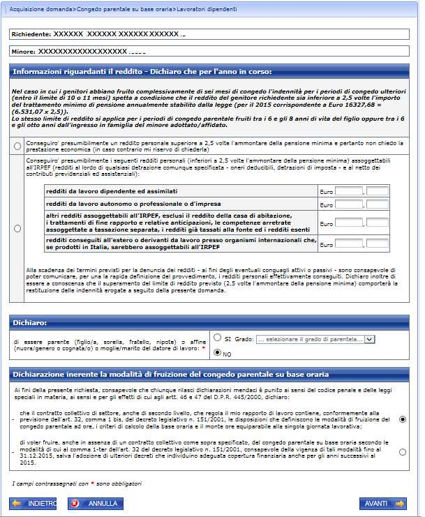 In questa pagina è prevista l eventuale acquisizione delle informazioni reddituali da indicare nel caso in cui i genitori abbiano fruito complessivamente di sei mesi di congedo e