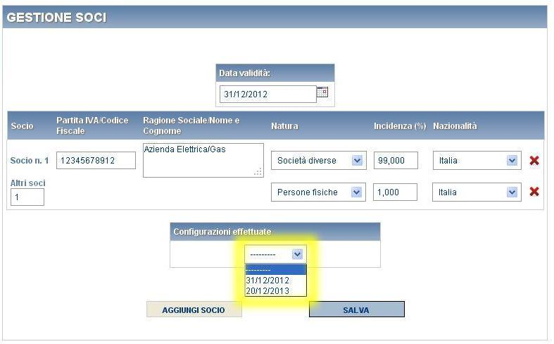 Figura 6.1: Tendina con le Date di Validità dei salvataggi effettuati Selezionando una data dalla tendina, automaticamente verrà caricata la situazione salvata per quella DDV.