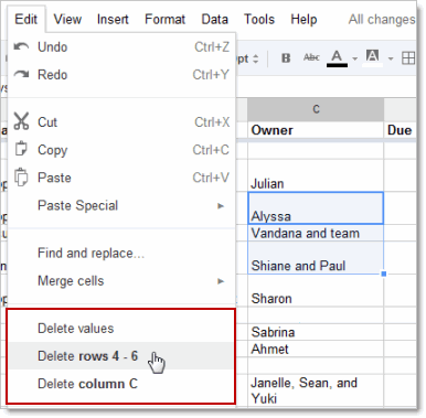Tip: To add multiple rows or columns at one time, first select the number of rows or columns you want to add. The Insert menu will then give you the option to add that many rows or columns.