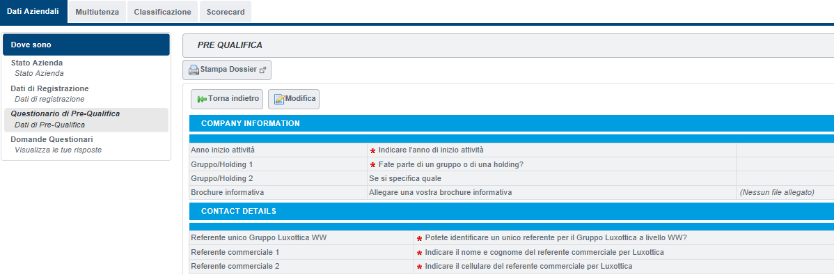 a) Selezionando Accedi ai dati di Pre-Qualifica si ha la possibilità di aggiornare in qualunque momento il questionario di Pre-qualifica.