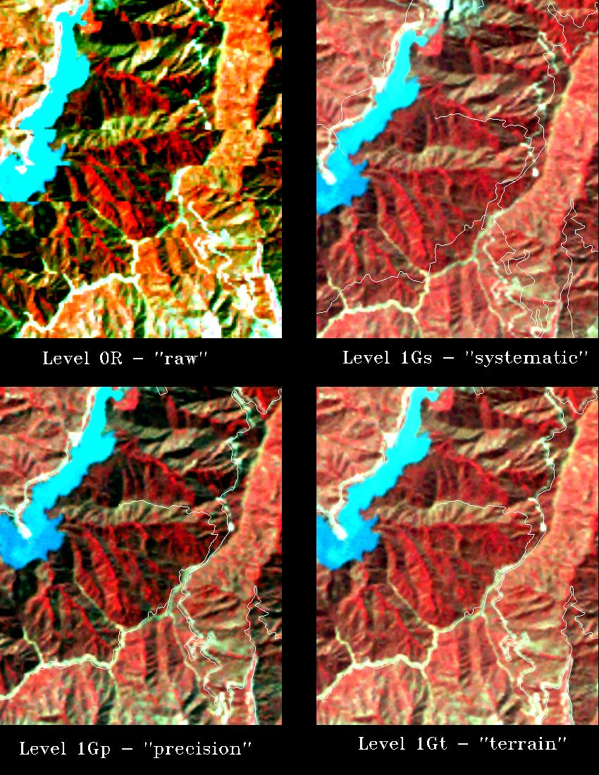 Questo esempio mostra quattro passi successivi della correzione geometrica di una immagine Landsat 7 del San Gabriel Reservoir, in California.