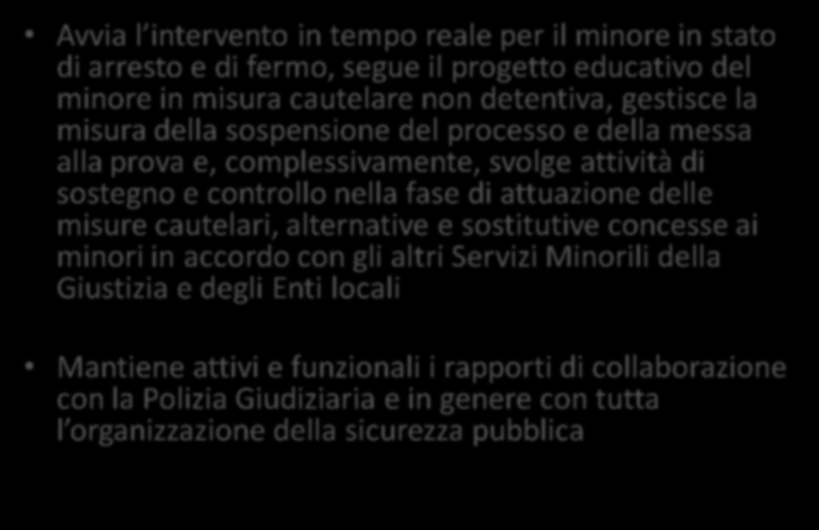 Avvia l intervento in tempo reale per il minore in stato di arresto e di fermo, segue il progetto educativo del minore in misura cautelare non detentiva, gestisce la misura della sospensione del