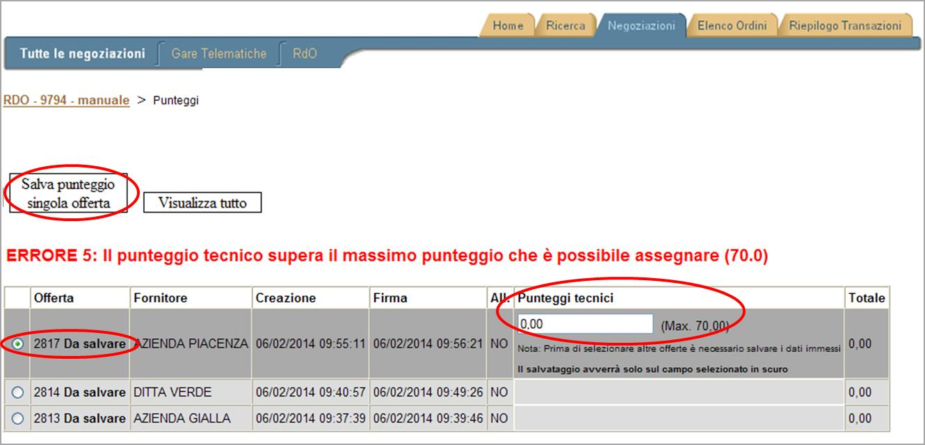 Per ciascuna offerta, si procede quindi a inserire il punteggio tecnico attribuito dalla commissione valutatrice, selezionando la riga corrispondente e inserendo il valore nell apposito campo.