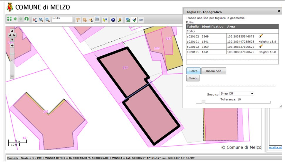 Ecco allora che è importante poter disporre di una funzione di R3 UrbanTools che permette di tagliare unità volumetriche ed edifici del DbT secondo la corrispondenza con altre geometrie (in genere i