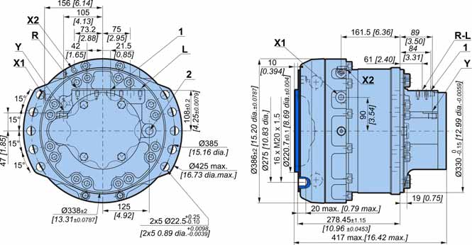 Motore compatto MK35 OCLAIN HYRAULICS imensioni d'ingombro motore standard con distribuzione simmetrica a 2 cilindrate Questo motore non ha un orientamento preferenziale nelle piccole cilindrate 3 4