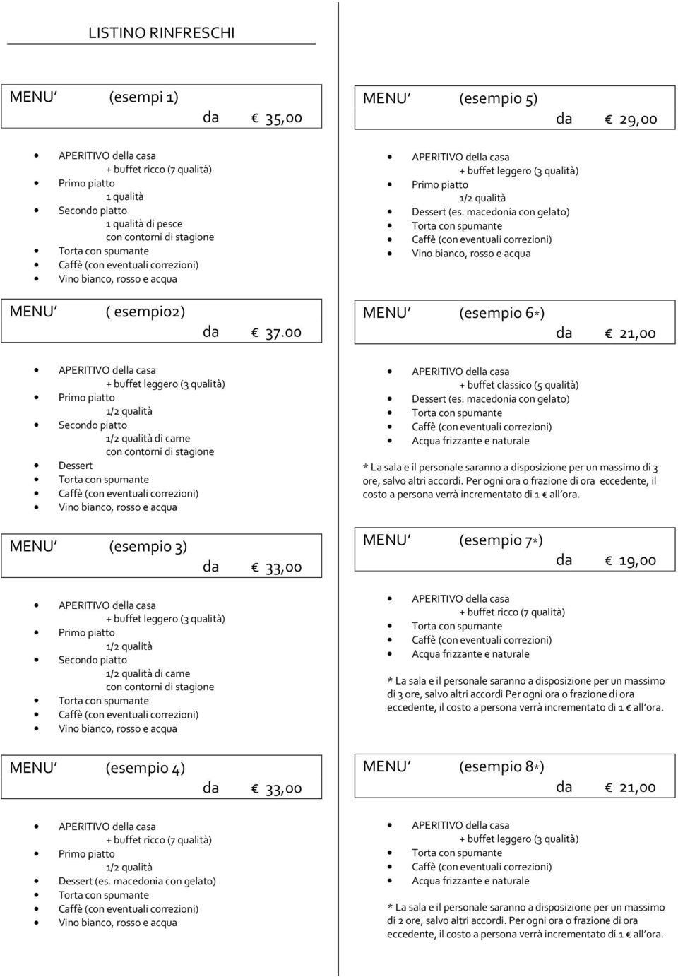 00 MENU (esempio 6*) da 21,00 + buffet leggero (3 qualità) 1/2 qualità Secondo piatto 1/2 qualità di carne con contorni di stagione Dessert e acqua + buffet classico (5 qualità) Dessert (es.