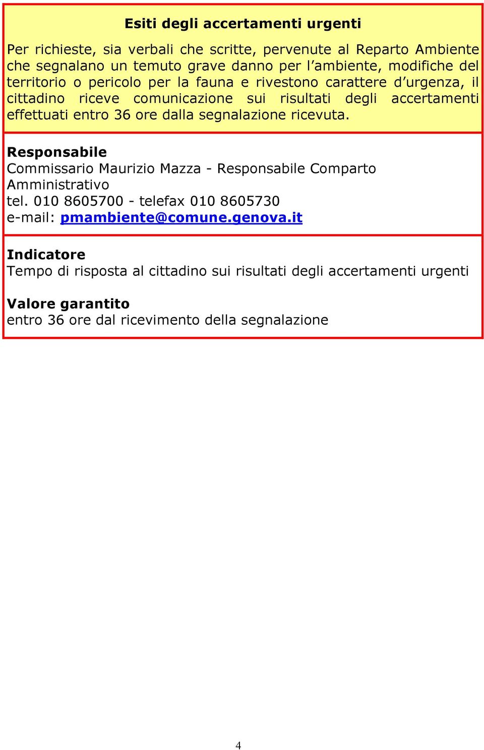 accertamenti effettuati entro 36 ore dalla segnalazione ricevuta. Commissario Maurizio Mazza - Comparto Amministrativo tel.