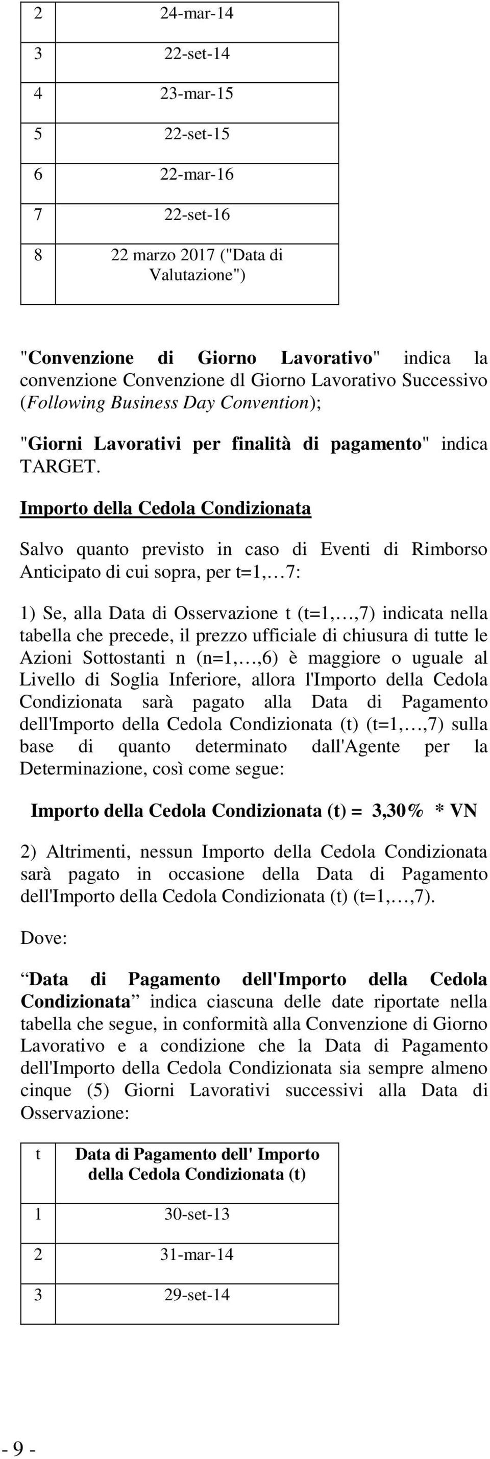 Importo della Cedola Condizionata Salvo quanto previsto in caso di Eventi di Rimborso Anticipato di cui sopra, per t=1, 7: 1) Se, alla Data di Osservazione t (t=1,,7) indicata nella tabella che