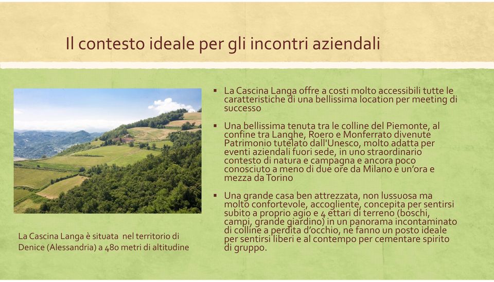 dall'unesco, molto adatta per eventi aziendali fuori sede, in uno straordinario contesto di natura e campagna e ancora poco conosciuto a meno di due ore da Milano e un ora e mezza da Torino Una