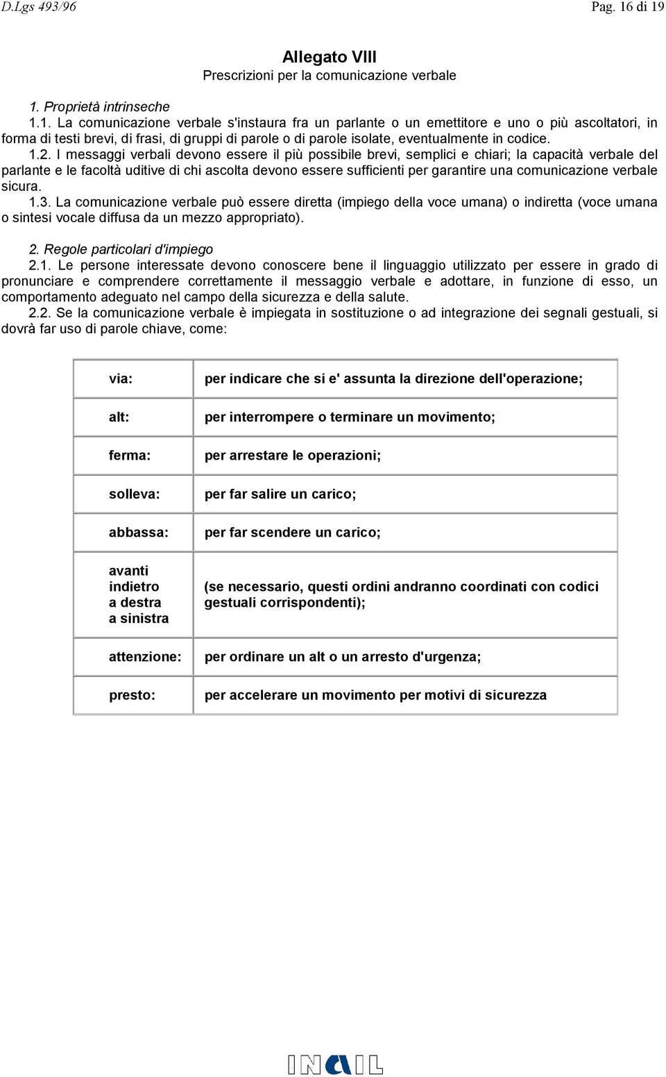 1.2. I messaggi verbali devono essere il più possibile brevi, semplici e chiari; la capacità verbale del parlante e le facoltà uditive di chi ascolta devono essere sufficienti per garantire una