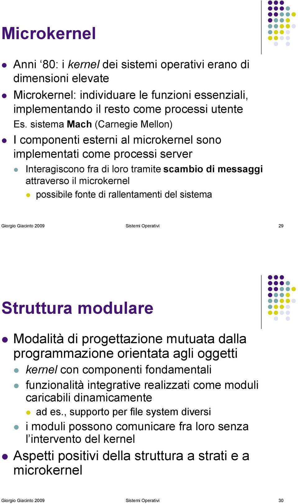 possibile fonte di rallentamenti del sistema Giorgio Giacinto 2009 Sistemi Operativi 29 Struttura modulare! Modalità di progettazione mutuata dalla programmazione orientata agli oggetti!