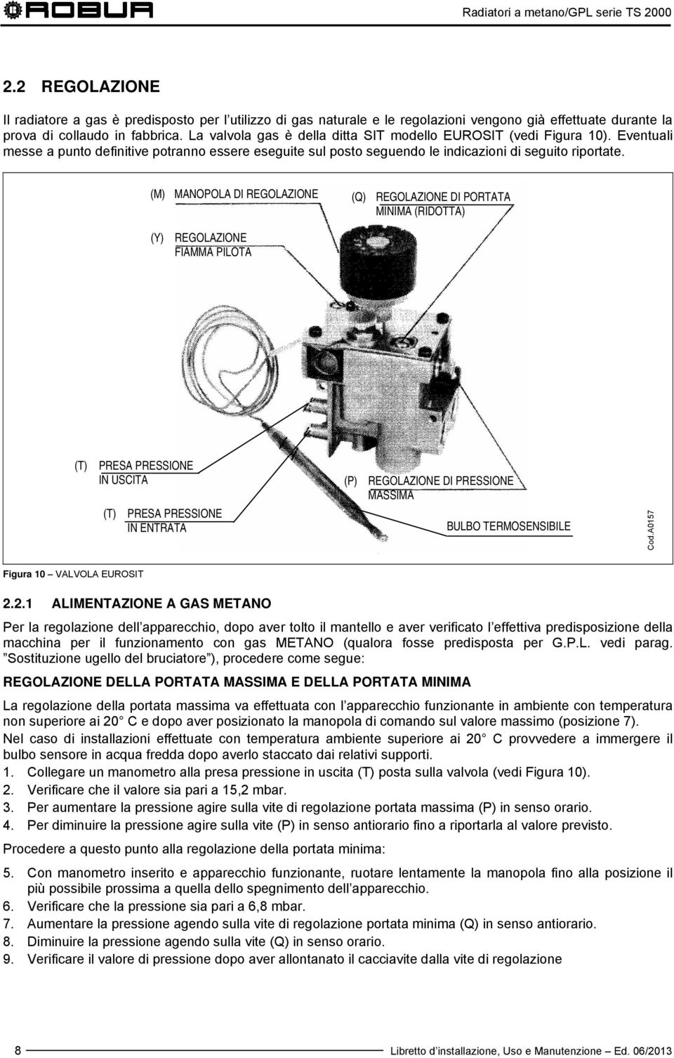 (M) MANOPOLA DI REGOLAZIONE (Q) REGOLAZIONE DI PORTATA MINIMA (RIDOTTA) (Y) REGOLAZIONE FIAMMA PILOTA (T) PRESA PRESSIONE IN USCITA (T) PRESA PRESSIONE IN ENTRATA (P) REGOLAZIONE DI PRESSIONE MASSIMA