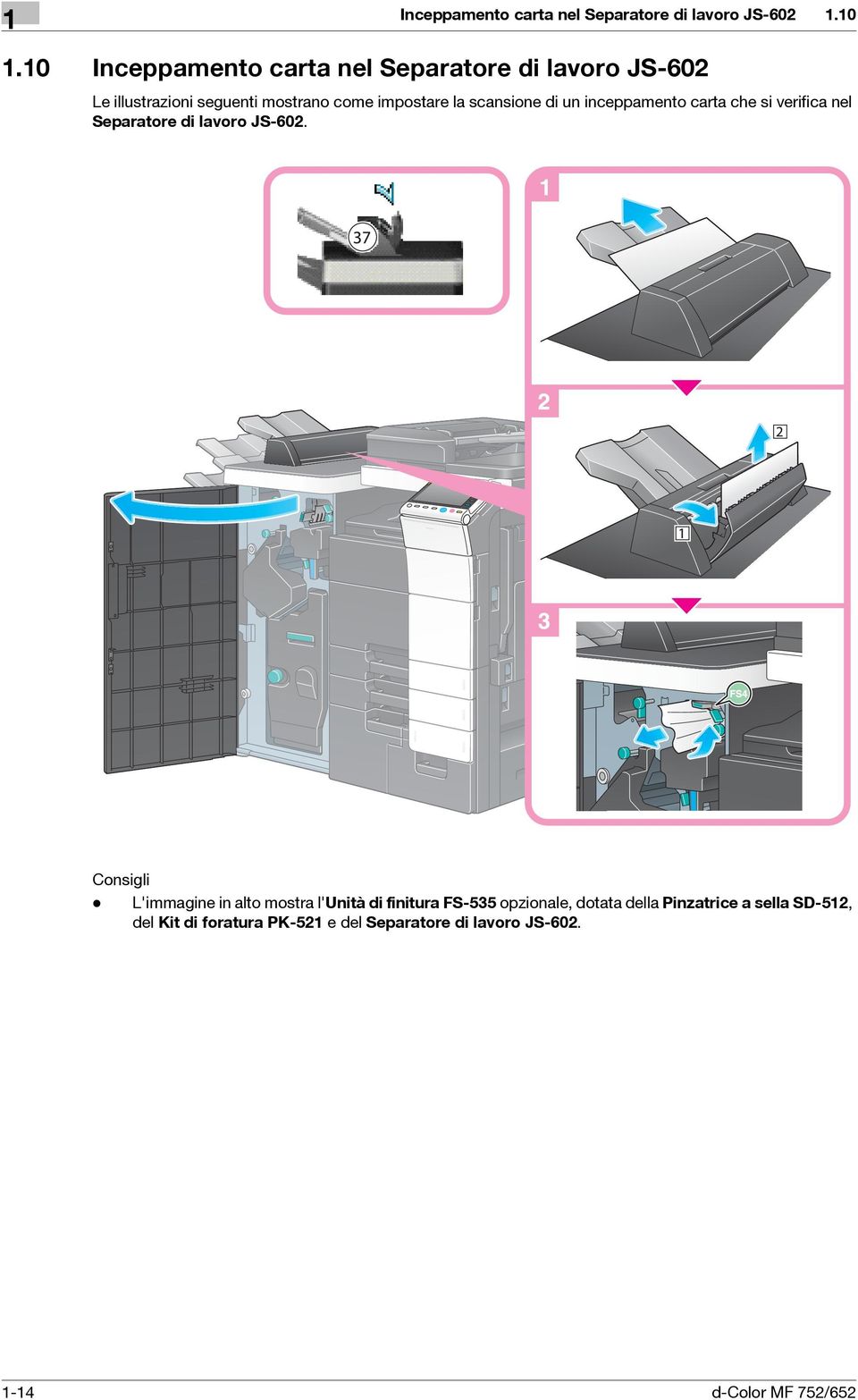 scansione di un inceppamento carta che si verifica nel Separatore di lavoro JS-602.