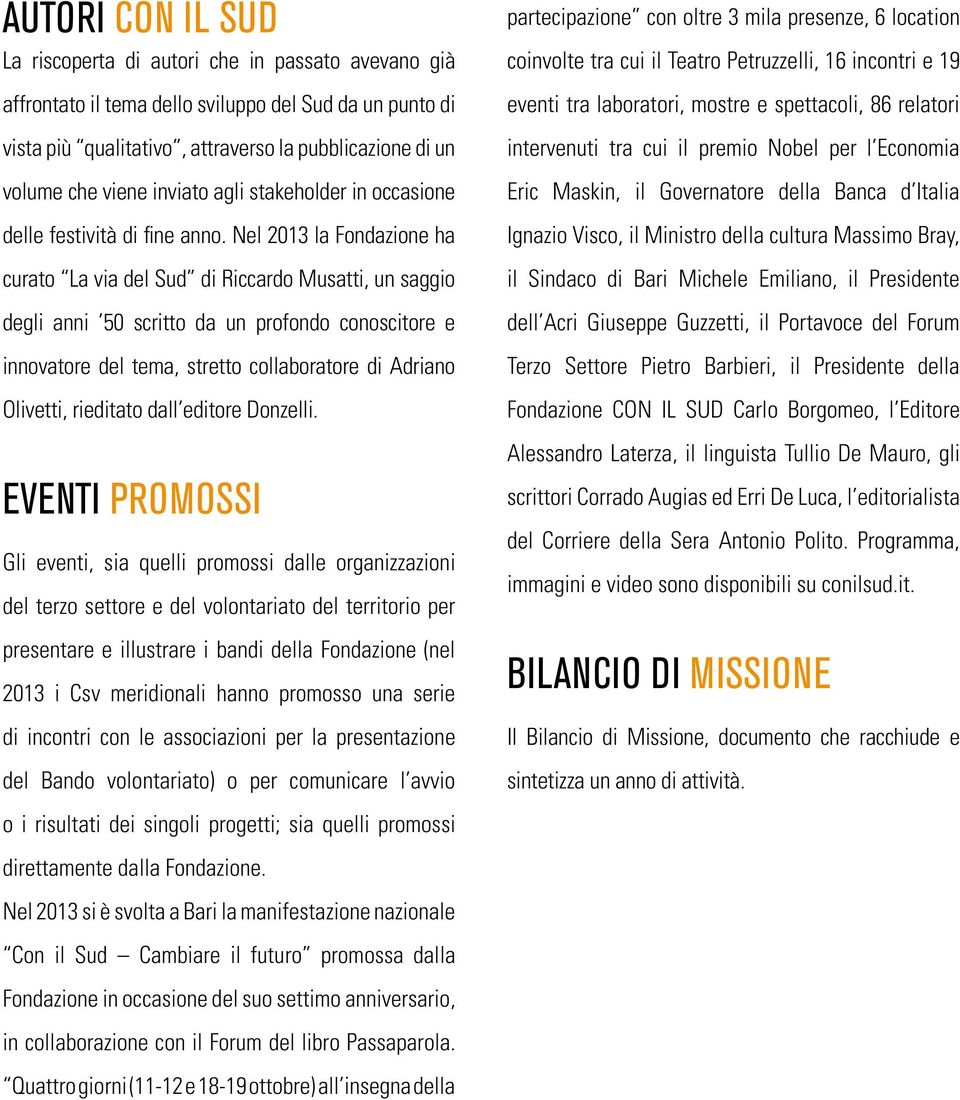 Nel 2013 la Fondazione ha curato La via del Sud di Riccardo Musatti, un saggio degli anni 50 scritto da un profondo conoscitore e innovatore del tema, stretto collaboratore di Adriano Olivetti,