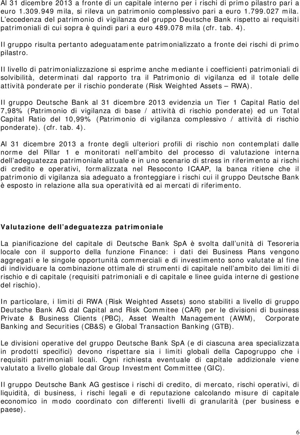 Il gruppo risulta pertanto adeguatamente patrimonializzato a fronte dei rischi di primo pilastro.