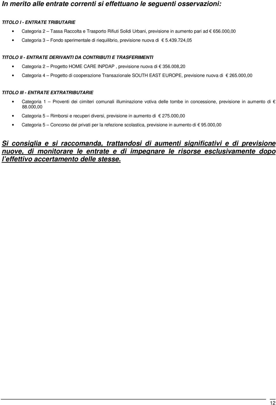 724,05 TITOLO II - ENTRATE DERIVANTI DA CONTRIBUTI E TRASFERIMENTI Categoria 2 Progetto HOME CARE INPDAP, previsione nuova di 356.