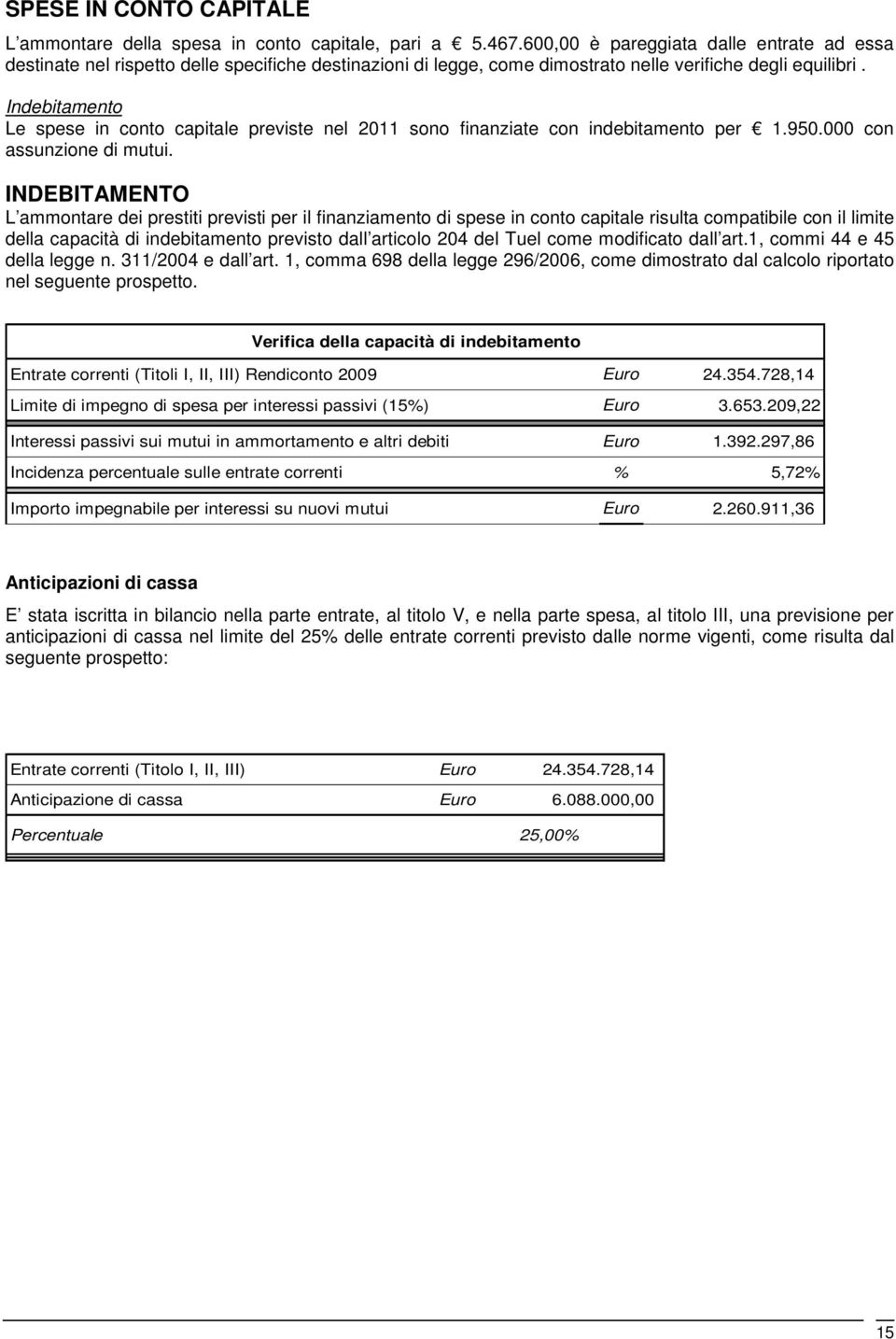 Indebitamento Le spese in conto capitale previste nel 2011 sono finanziate con indebitamento per 1.950.000 con assunzione di mutui.