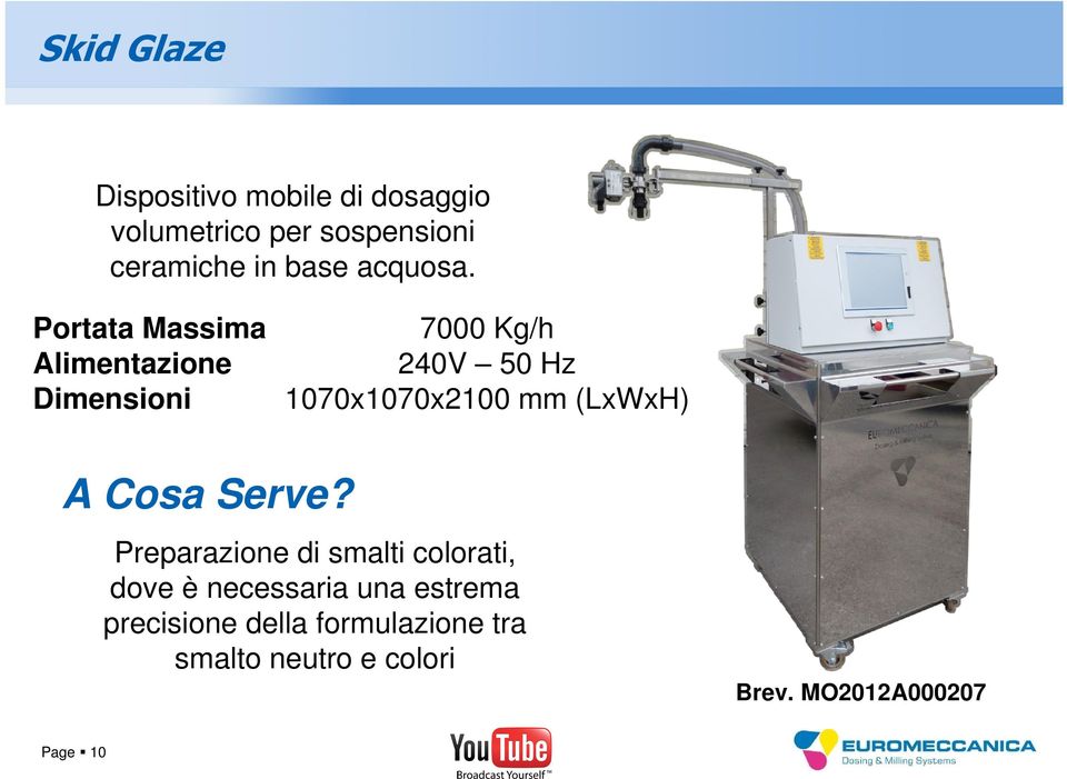 Portata Massima Alimentazione Dimensioni 7000 Kg/h 240V 50 Hz 1070x1070x2100 mm