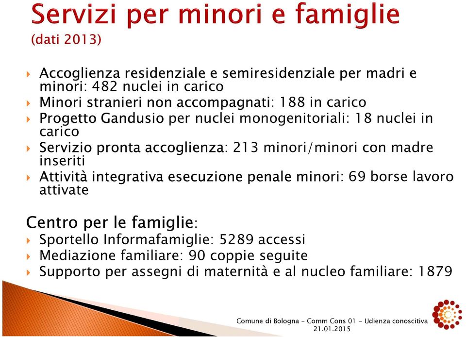 madre inseriti Attività integrativa esecuzione penale minori: 69 borse lavoro attivate Centro per le famiglie: Sportello