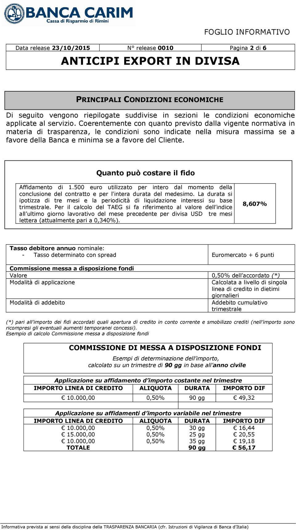 Coerentemente con quanto previsto dalla vigente normativa in materia di trasparenza, le condizioni sono indicate nella misura massima se a favore della Banca e minima se a favore del Cliente.