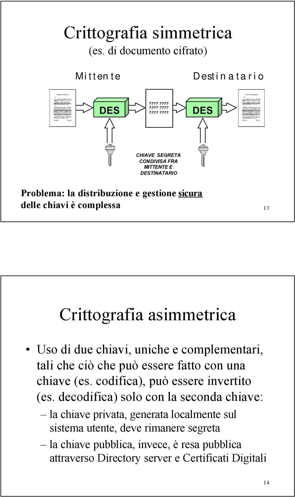 sicura delle chiavi è complessa 13 Crittografia asimmetrica Uso di due chiavi, uniche e complementari, tali che ciò che può essere fatto con una