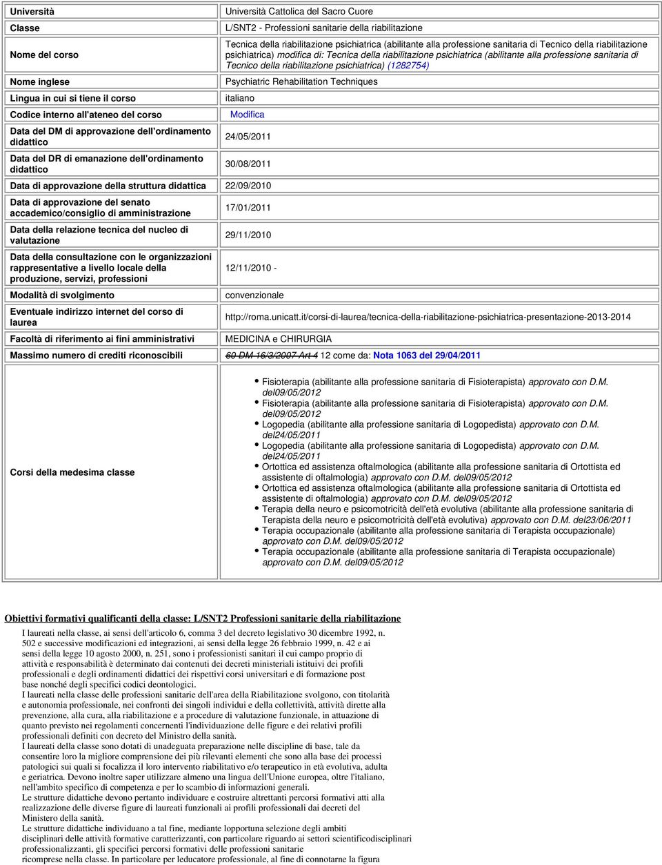 Tecnico della riabilitazione psichiatrica) (1282754) Psychiatric Rehabilitation Techniques italiano Codice interno all'ateneo del corso Modifica Data del DM di approvazione dell'ordinamento didattico