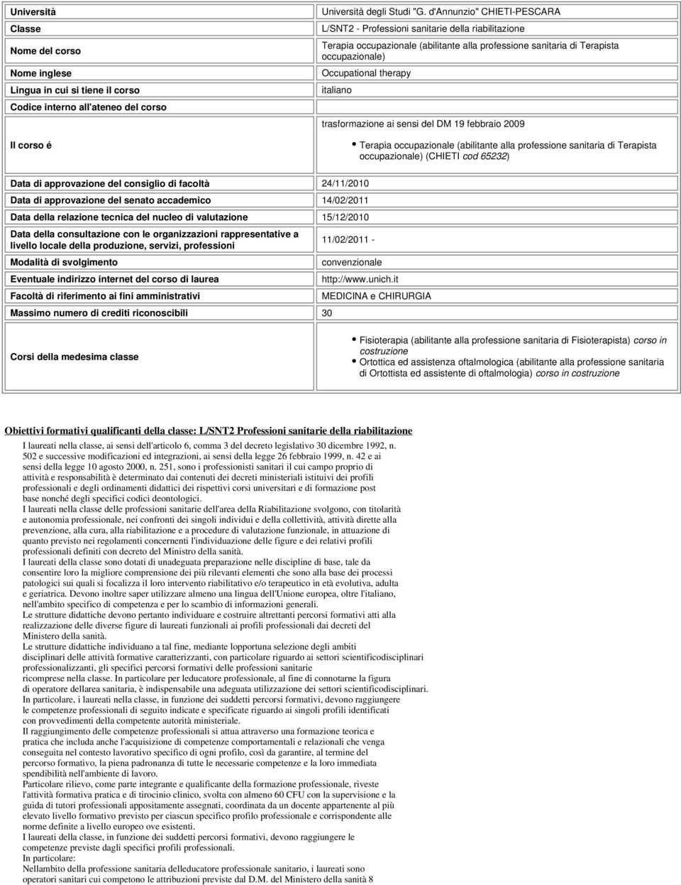 trasformazione ai sensi del DM 19 febbraio 2009 Terapia occupazionale (abilitante alla professione sanitaria di Terapista occupazionale) (CHIETI cod 65232) Data di approvazione del consiglio di