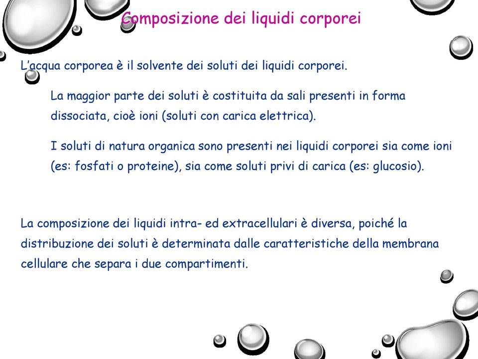 I soluti di natura organica sono presenti nei liquidi corporei sia come ioni (es: fosfati o proteine), sia come soluti privi di carica (es: