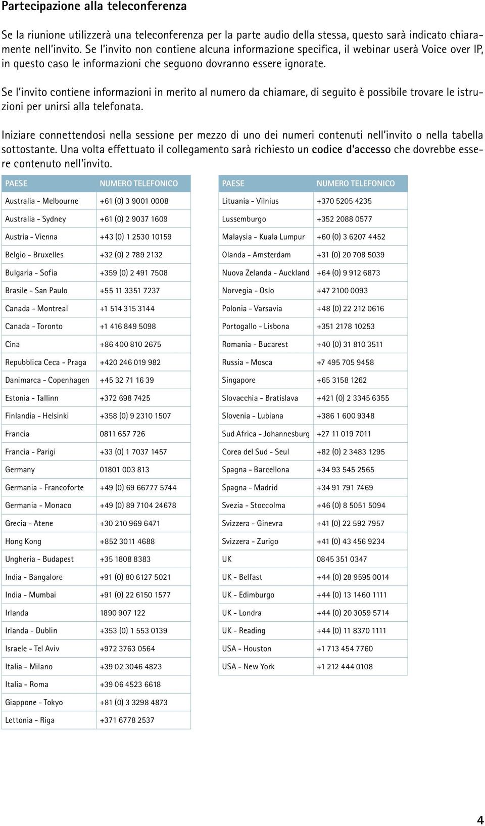 Se l invito contiene informazioni in merito al numero da chiamare, di seguito è possibile trovare le istruzioni per unirsi alla telefonata.