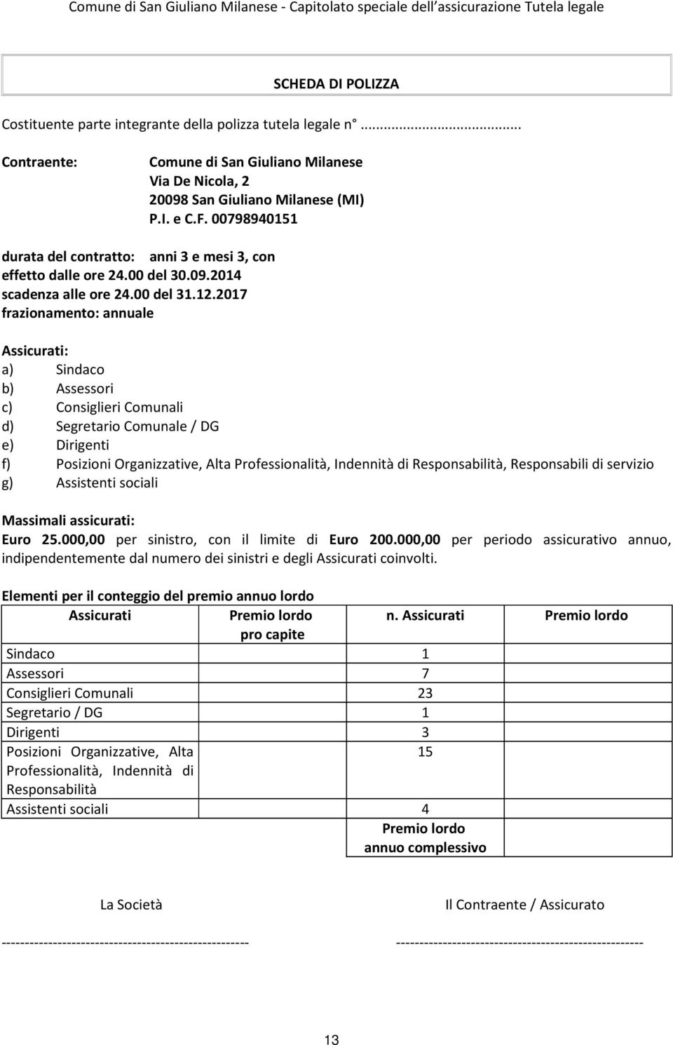 2017 frazionamento: annuale Assicurati: a) Sindaco b) Assessori c) Consiglieri Comunali d) Segretario Comunale / DG e) Dirigenti f) Posizioni Organizzative, Alta Professionalità, Indennità di