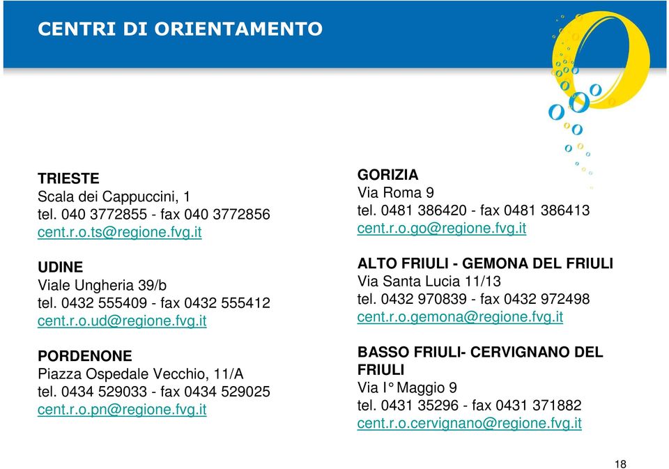 0481 386420 - fax 0481 386413 cent.r.o.go@regione.fvg.it ALTO FRIULI - GEMONA DEL FRIULI Via Santa Lucia 11/13 tel. 0432 970839 - fax 0432 972498 cent.r.o.gemona@regione.