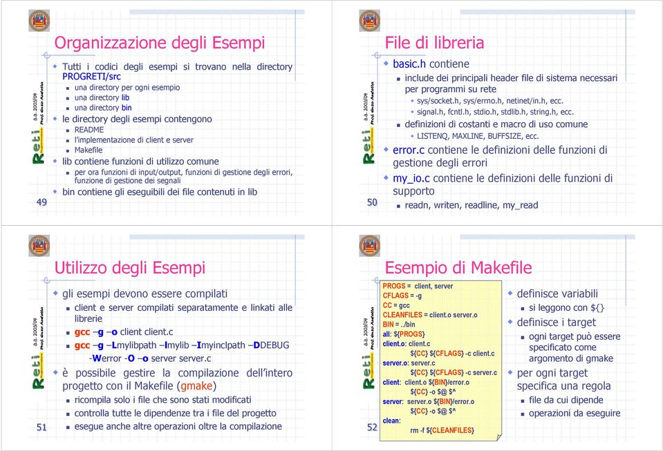 segnali bin contiene gli eseguibili dei file contenuti in lib 50 File di libreria basic.h contiene include dei principali header file di sistema necessari per programmi su rete sys/socket.