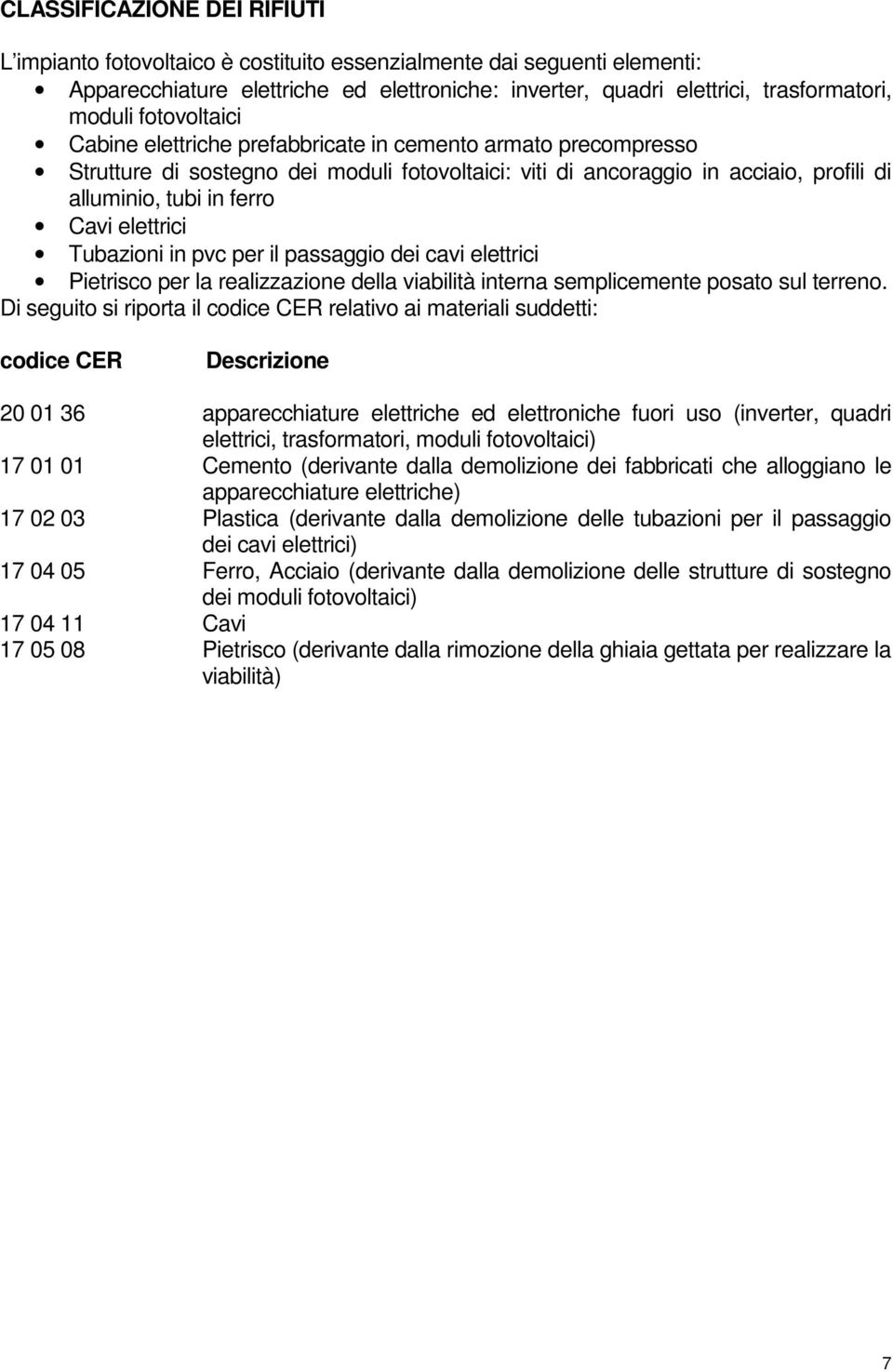 elettrici Tubazioni in pvc per il passaggio dei cavi elettrici Pietrisco per la realizzazione della viabilità interna semplicemente posato sul terreno.