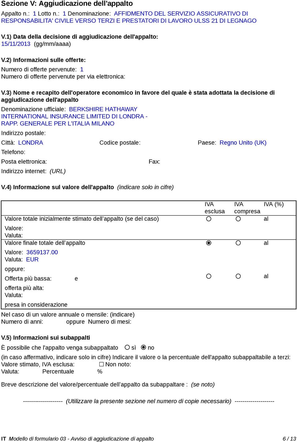 3) Nome e recapito dell'operatore economico in favore del quale è stata adottata la decisione di aggiudicazione dell'appalto Denominazione ufficiale: BERKSHIRE HATHAWAY INTERNATIONAL INSURANCE