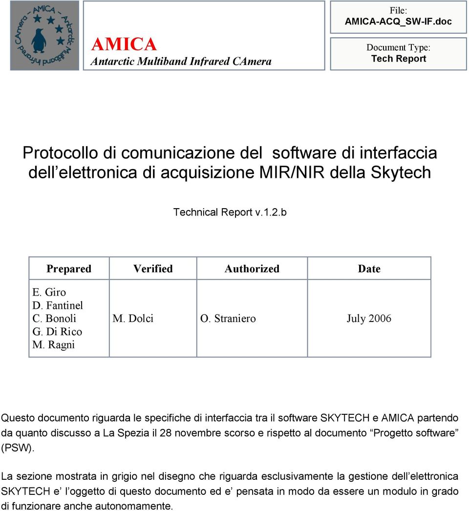 Straniero July 2006 Questo documento riguarda le specifiche di interfaccia tra il software SKYTECH e AMICA partendo da quanto discusso a La Spezia il 28 novembre scorso