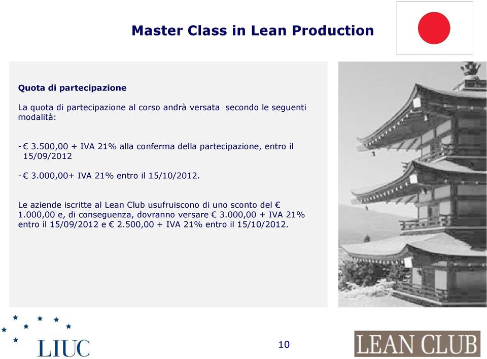 000,00+ IVA 21% entro il 15/10/2012. Le aziende iscritte al Lean Club usufruiscono di uno sconto del 1.