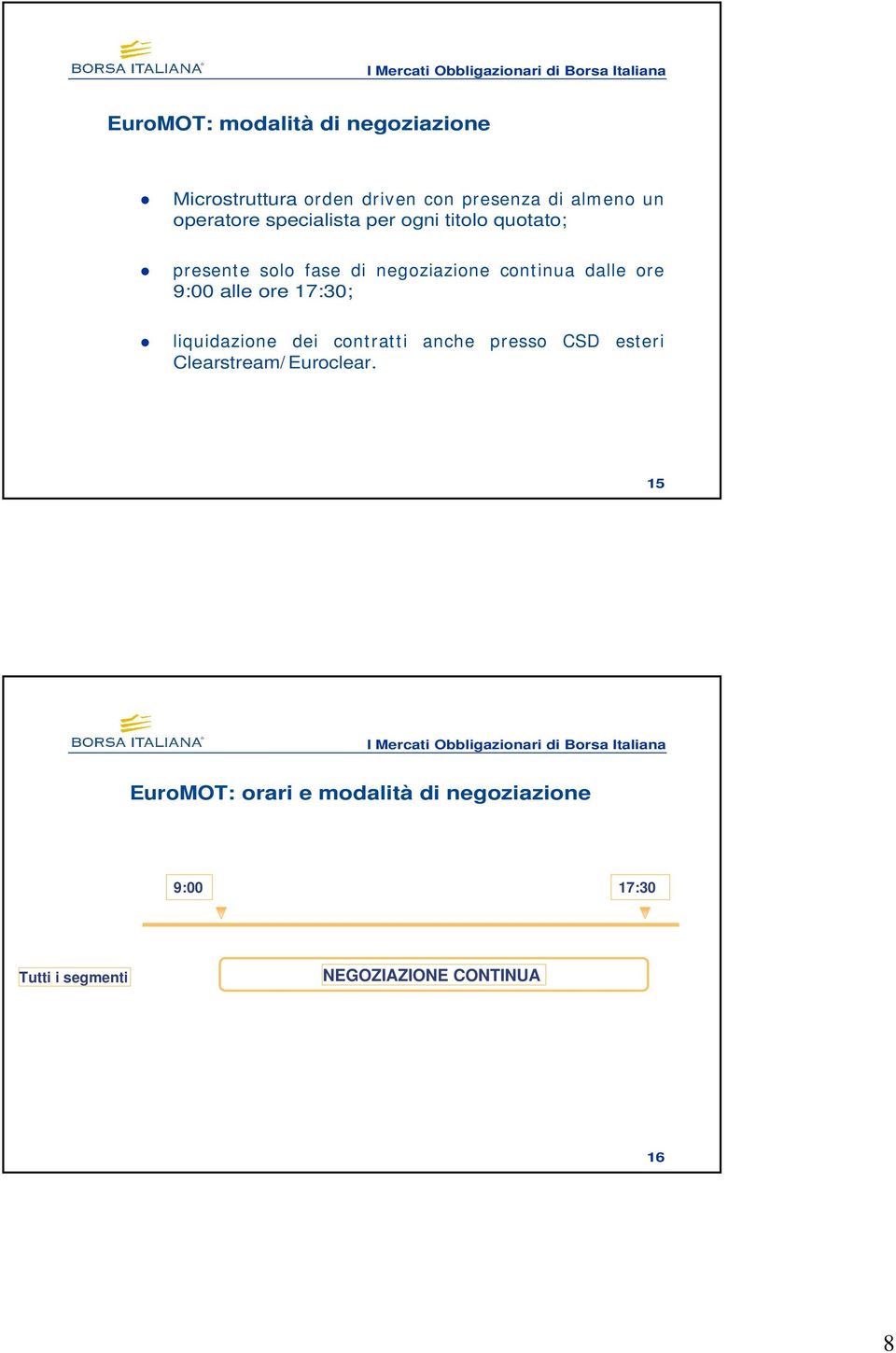 9:00 alle ore 17:30; liquidazione dei contratti anche presso CSD esteri Clearstream/ Euroclear.