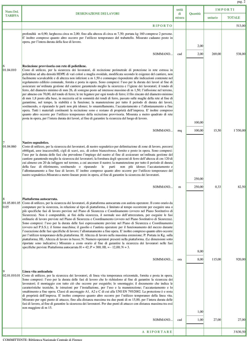 .. cad 2,00 269,00 538,00 6 Recinzione provvisoria con rete di polietilene. 01.04.