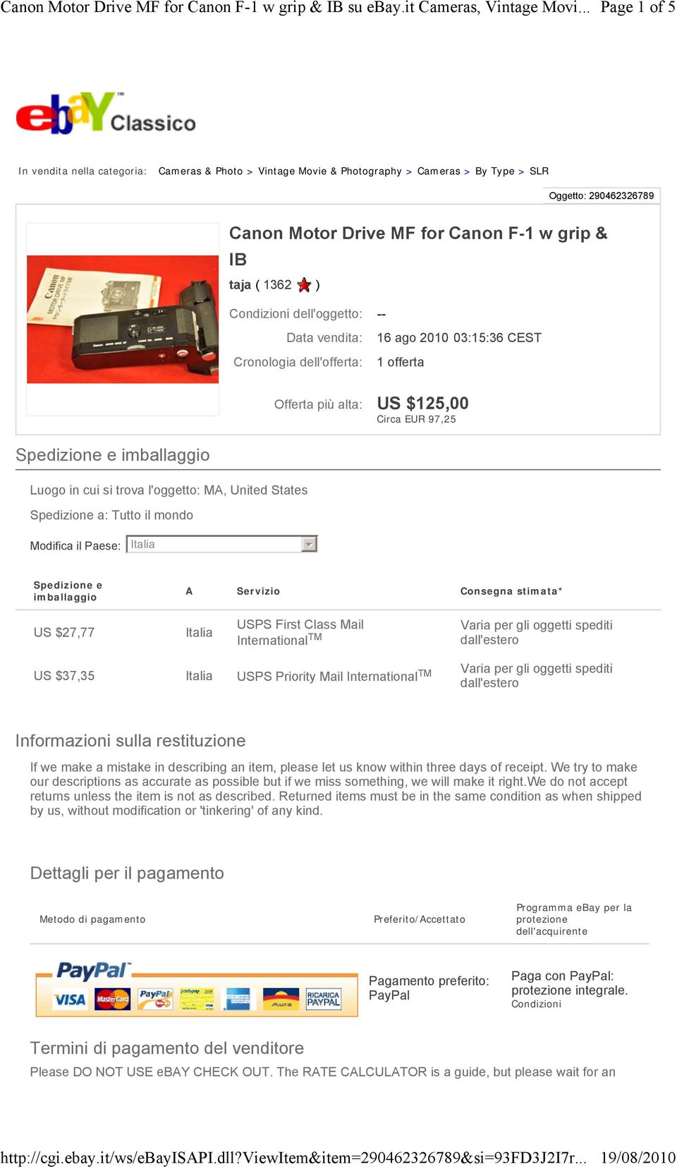 l'oggetto: MA, United States Spedizione a: Tutto il mondo Modifica il Paese: Italia 6 Spedizione e imballaggio A Servizio Consegna stimata* US $27,77 Italia USPS First Class Mail International TM