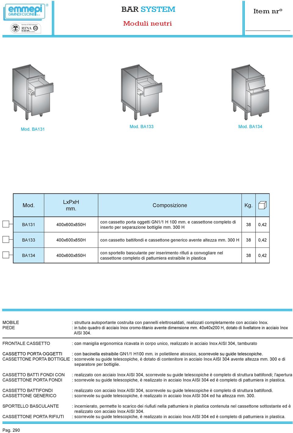 estraibile in plastica 38 0,42 MOBILE PIEDE FRONTALE CASSETTO : struttura autoportante costruita con pannelli elettrosaldati, realizzati completamente con acciaio Inox.