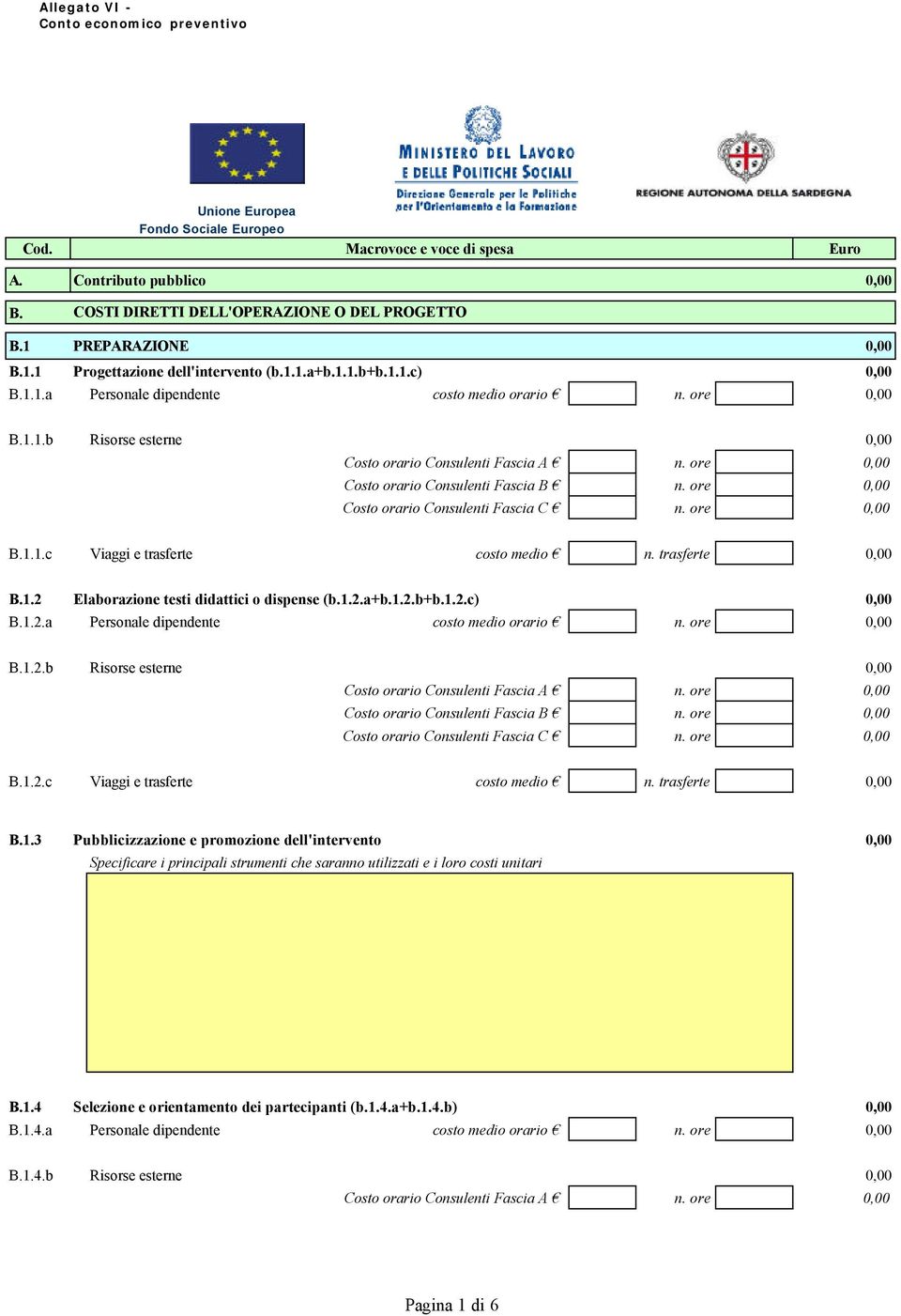 ore 0,00 B.1.2.b Risorse esterne 0,00 B.1.2.c Viaggi e trasferte costo medio n. trasferte 0,00 B.1.3 Pubblicizzazione e promozione dell'intervento 0,00 Specificare i principali strumenti che saranno utilizzati e i loro costi unitari B.