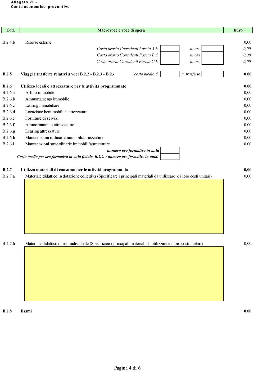 2.6.h Manutenzioni ordinarie immobili/attrezzature 0,00 B.2.6.i Manutenzioni straordinarie immobili/attrezzature 0,00 numero ore formative in aula Costo medio per ora formativa in aula (totale B.2.6. : numero ore formative in aula) B.