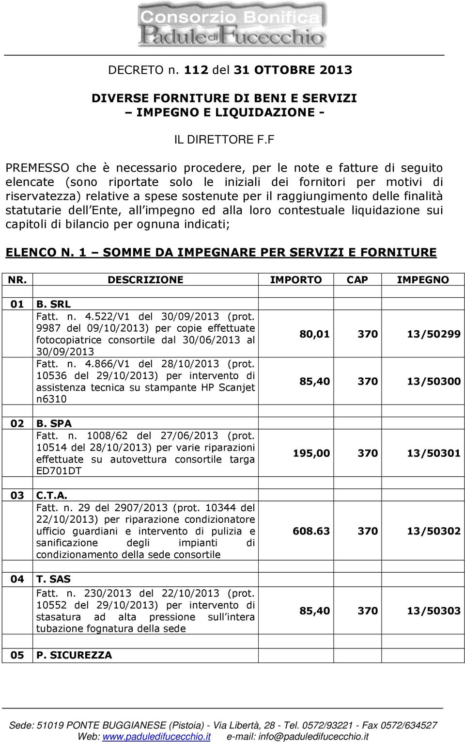 raggiungimento delle finalità statutarie dell Ente, all impegno ed alla loro contestuale liquidazione sui capitoli di bilancio per ognuna indicati; ELENCO N.