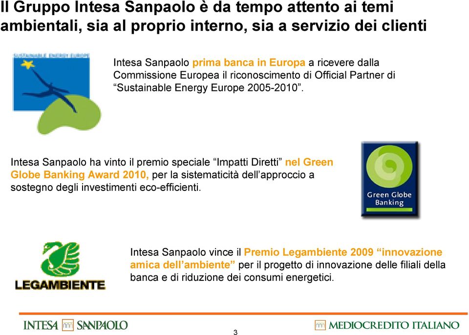 Intesa Sanpaolo ha vinto il premio speciale Impatti Diretti nel Green Globe Banking Award 2010, per la sistematicità dell approccio a sostegno degli