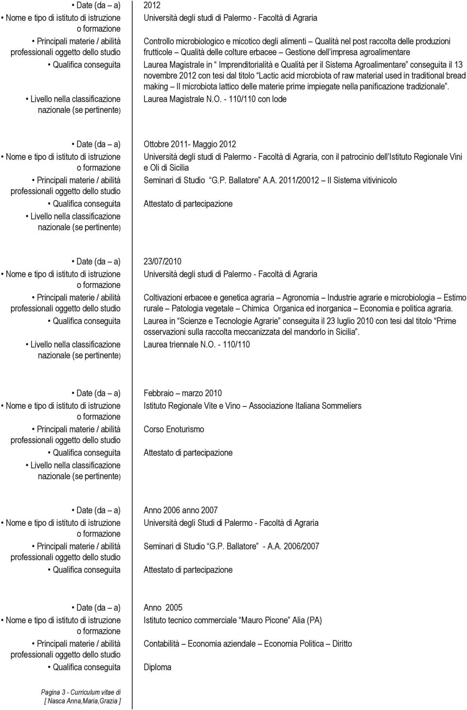 Agroalimentare conseguita il 13 novembre 2012 con tesi dal titolo Lactic acid microbiota of raw material used in traditional bread making Il microbiota lattico delle materie prime impiegate nella