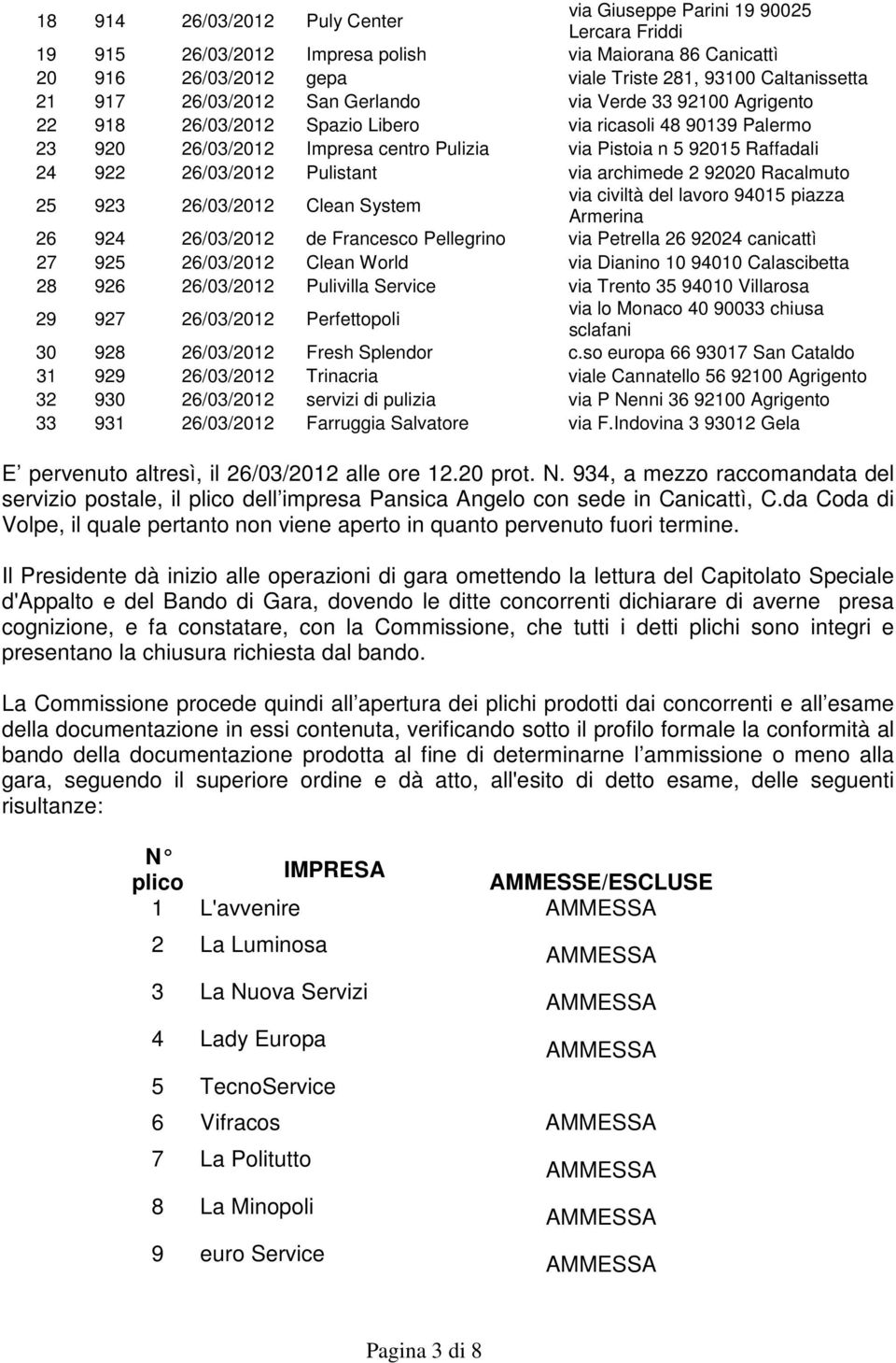 26/03/2012 Pulistant via archimede 2 92020 Racalmuto 25 923 26/03/2012 Clean System via civiltà del lavoro 94015 piazza Armerina 26 924 26/03/2012 de Francesco Pellegrino via Petrella 26 92024
