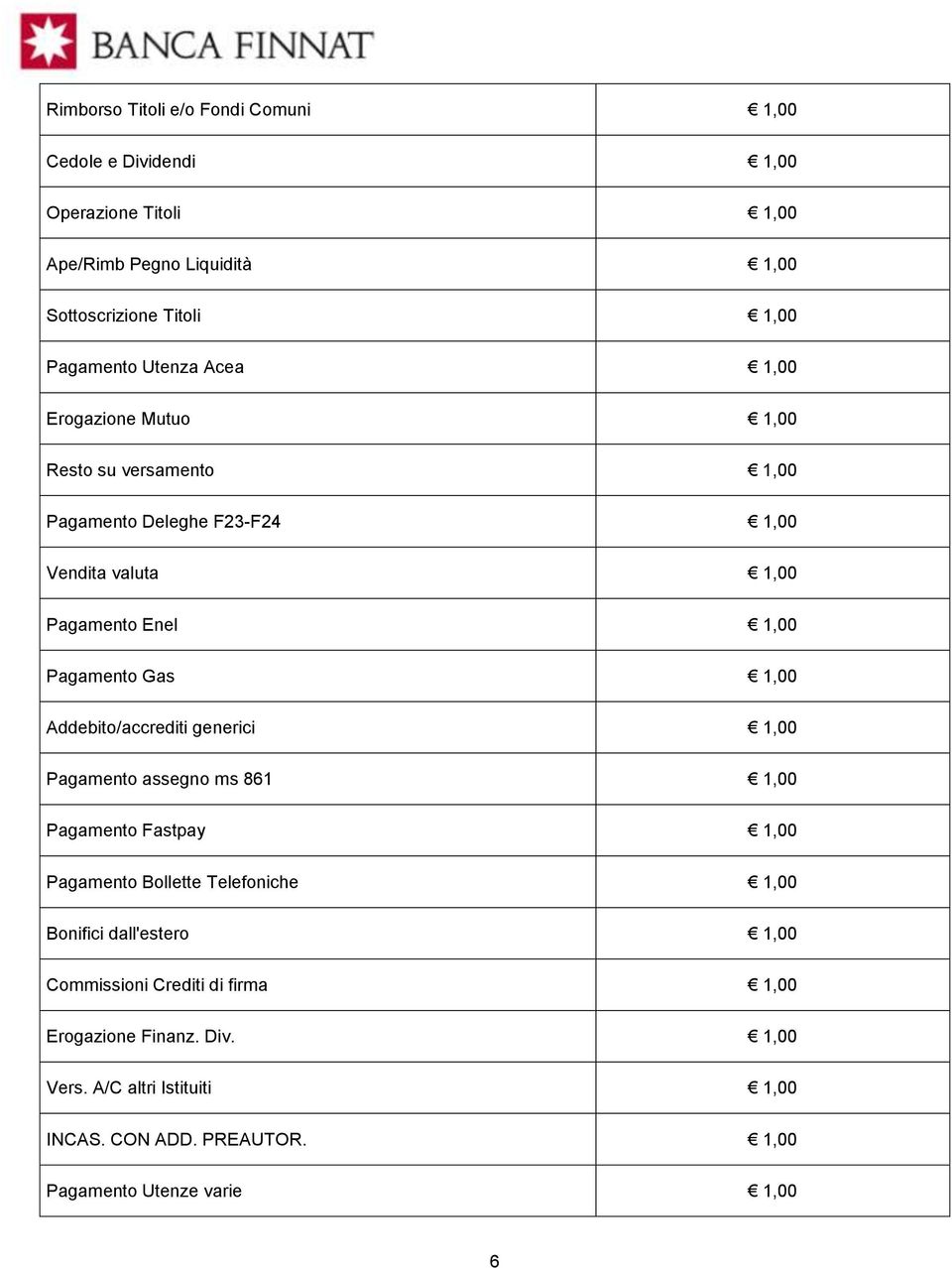 1,00 Addebito/accrediti generici 1,00 Pagamento assegno ms 861 1,00 Pagamento Fastpay 1,00 Pagamento Bollette Telefoniche 1,00 Bonifici dall'estero