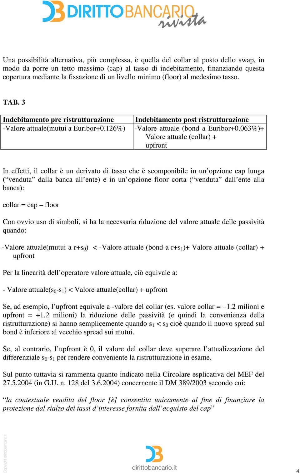 126%) Indebitamento post ristrutturazione -Valore attuale (bond a Euribor+0.