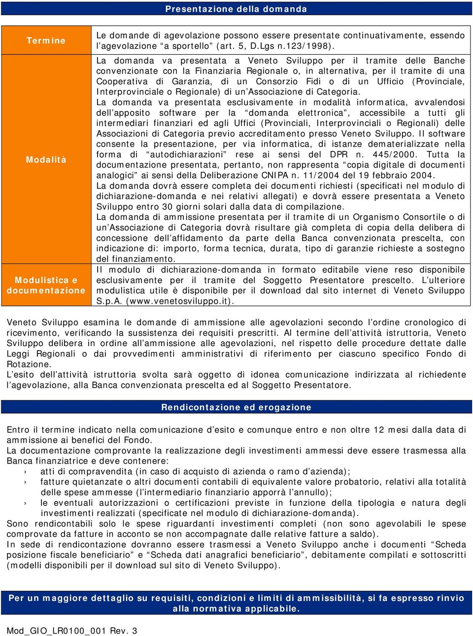 La domanda va presentata a Veneto Sviluppo per il tramite delle Banche convenzionate con la Finanziaria Regionale o, in alternativa, per il tramite di una Cooperativa di Garanzia, di un Consorzio