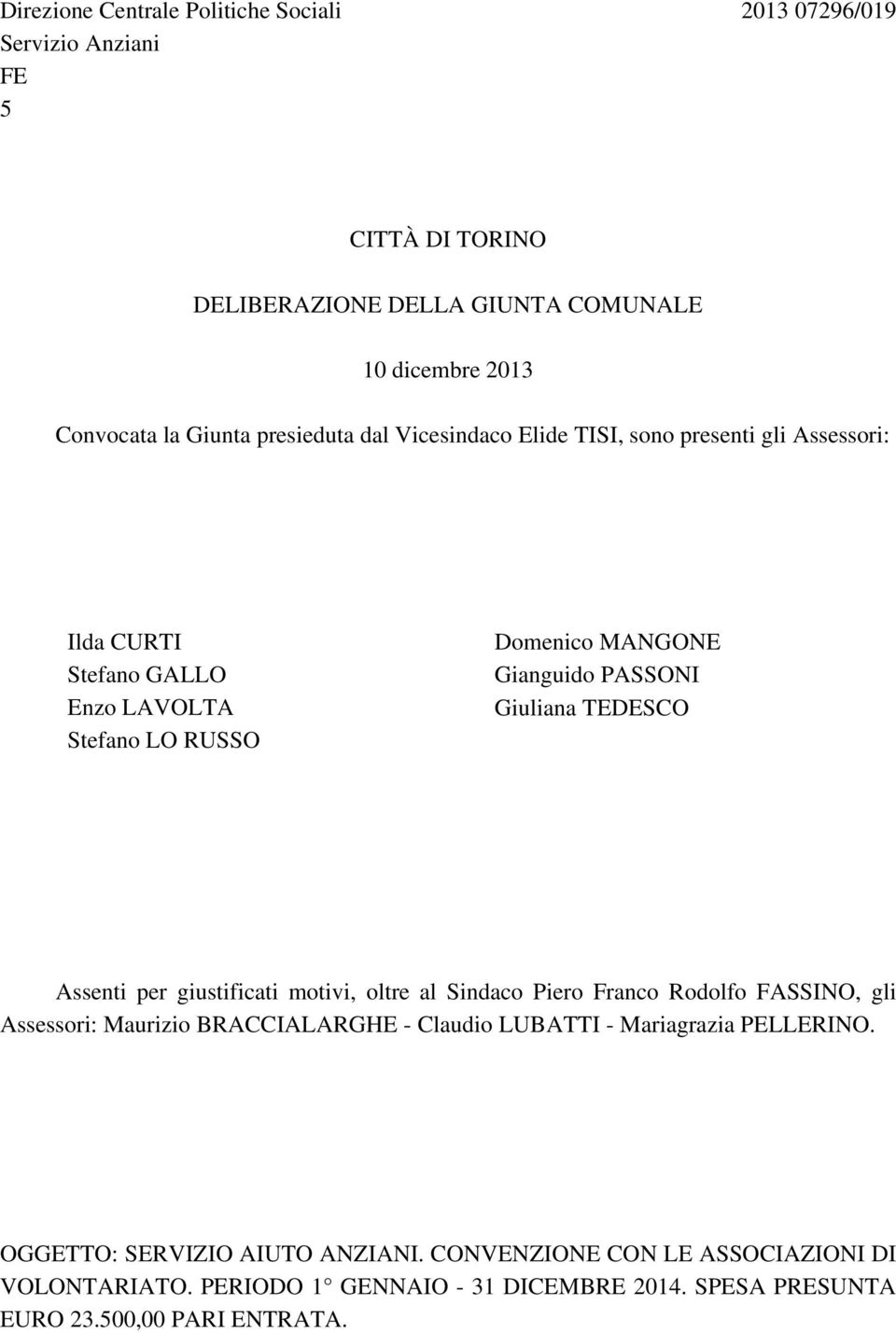 Giuliana TEDESCO Assenti per giustificati motivi, oltre al Sindaco Piero Franco Rodolfo FASSINO, gli Assessori: Maurizio BRACCIALARGHE - Claudio LUBATTI -